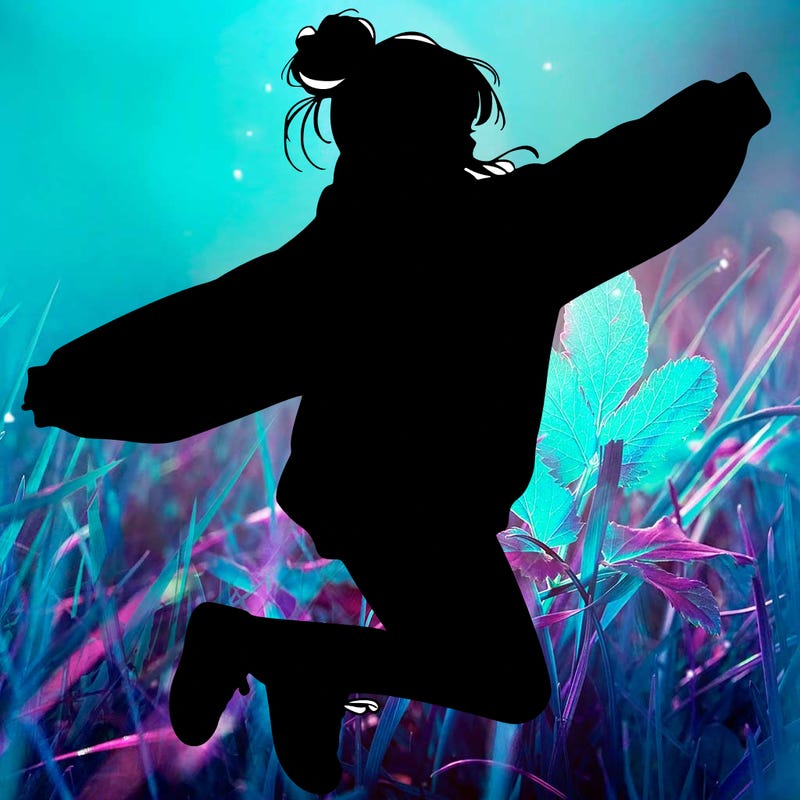 realistic girl jumping with a bun and oversized sweatshirt