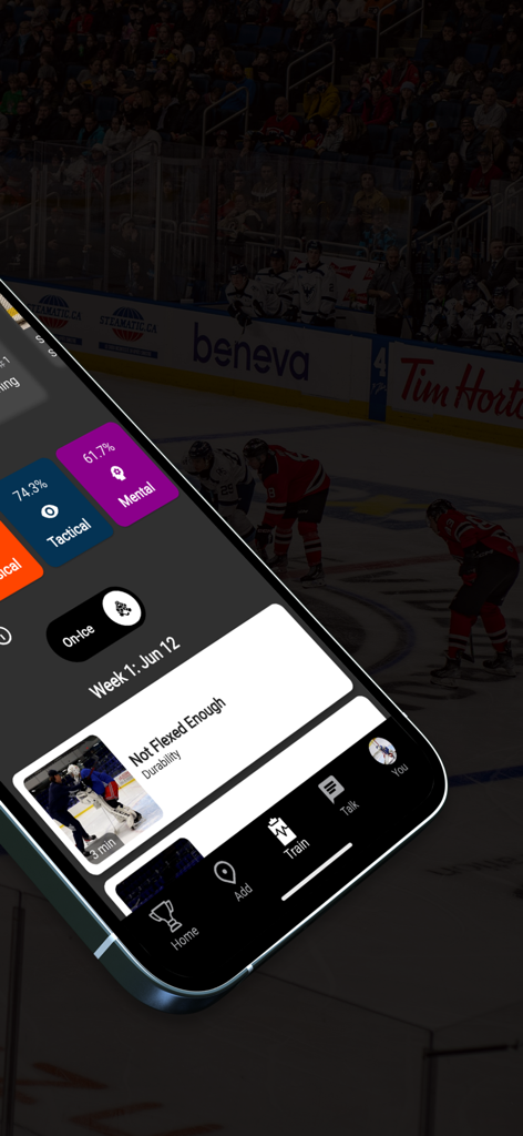 Dashboard of the Connect Hockey app showing training plans and performance stats for goalies
