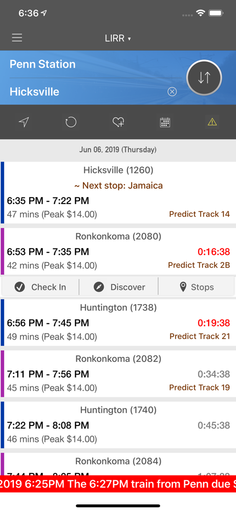 onTime LIRR mobile app screen showing train schedules from Penn Station to Hicksville with countdown timers and track predictions