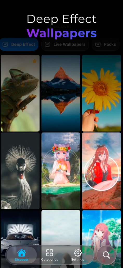 My Screen Wallpaper - Interface do aplicativo My Screen Wallpaper mostrando uma galeria de papéis de parede com efeito profundo de alta definição, incluindo temas de natureza e anime