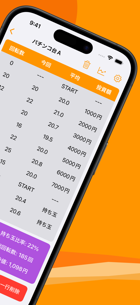 ぱちチェック -パチンコ期待値計算- - 파칭코 기계의 회전율 및 투자 정보를 보여주는 데이터 추적 화면