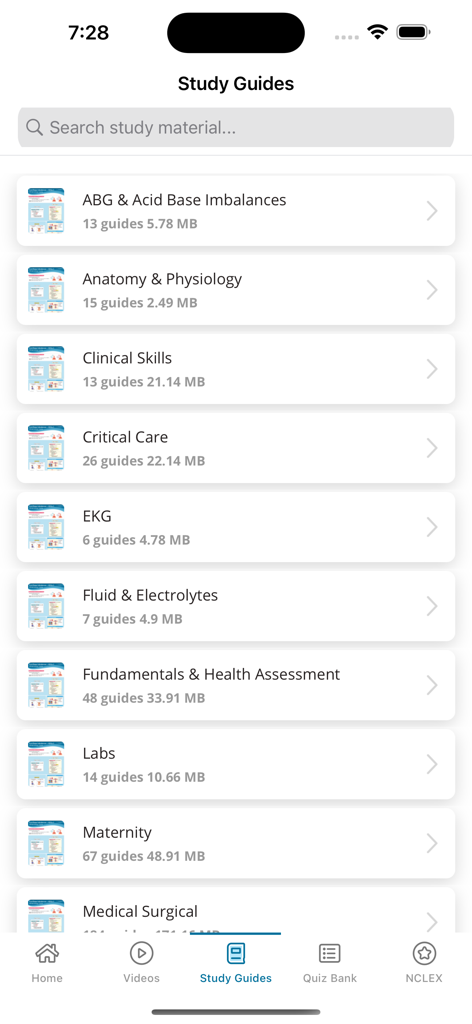 Nursing School & NCLEX Prep - Elenco di guide di studio infermieristico, inclusi esami ABG, ECG e abilità cliniche nell'interfaccia dell'app SimpleNursing