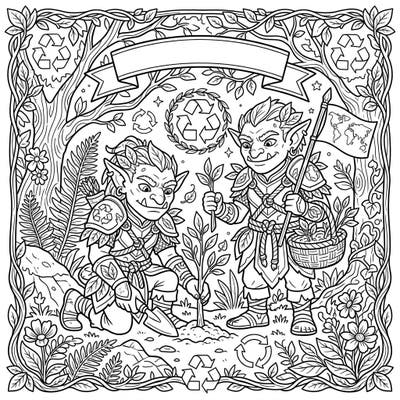 Discover a heartwarming scene where formidable Goblin Warriors embrace their environmental side for Earth Day. This unique coloring page depicts them diligently planting trees and championing nature's cause.