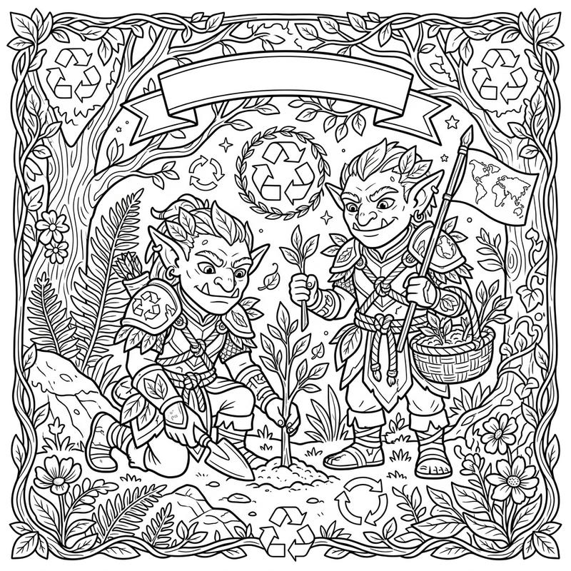 Discover a heartwarming scene where formidable Goblin Warriors embrace their environmental side for Earth Day. This unique coloring page depicts them diligently planting trees and championing nature's cause.