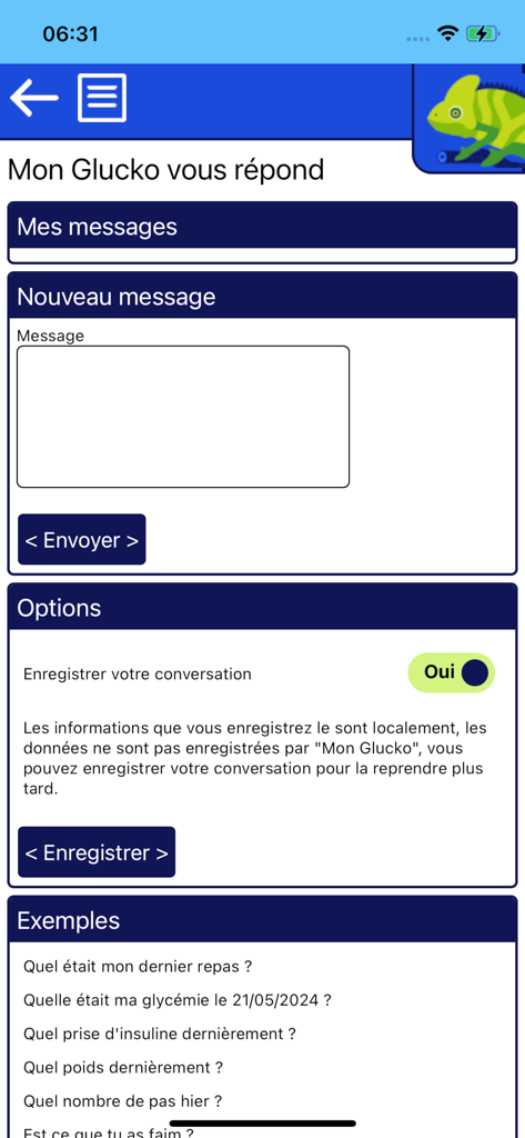 Mon Glucko - Diabète - Interface do assistente Mon Glucko para rastreamento e consultas de dados de diabetes