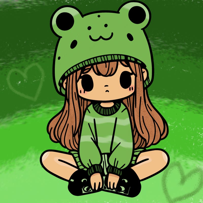 a girl wearing a frog hat and some frog socks