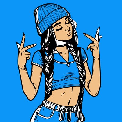 realistic teenage girl with braids and a beanie and crop top doing 🫶🏼