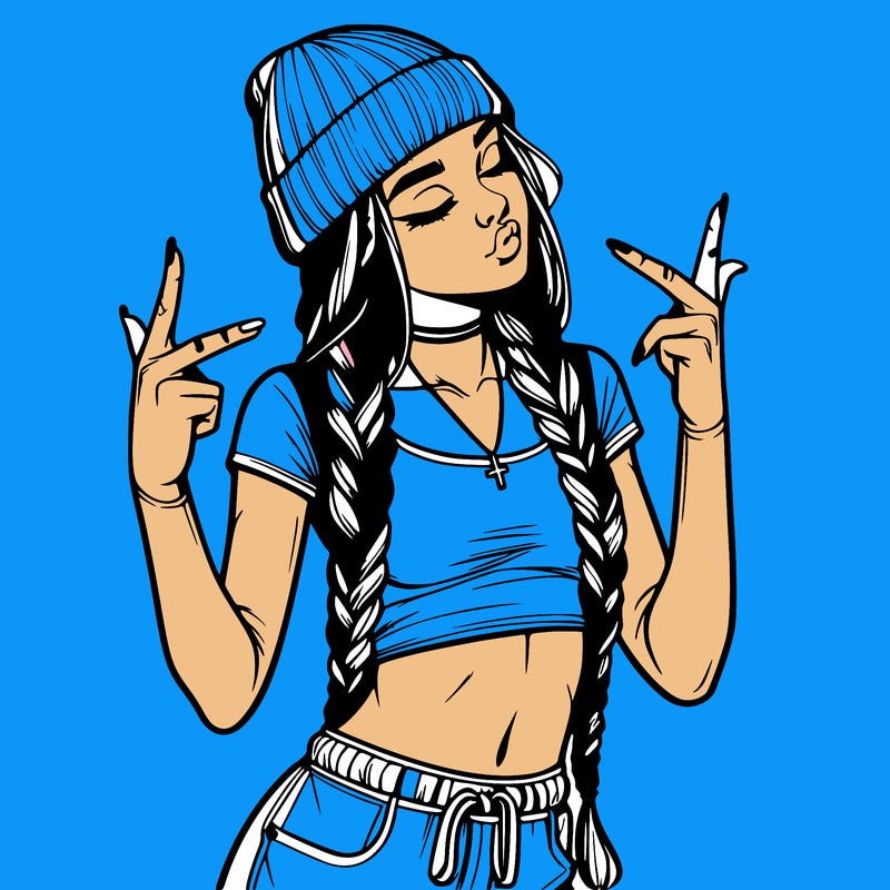 realistic teenage girl with braids and a beanie and crop top doing 🫶🏼