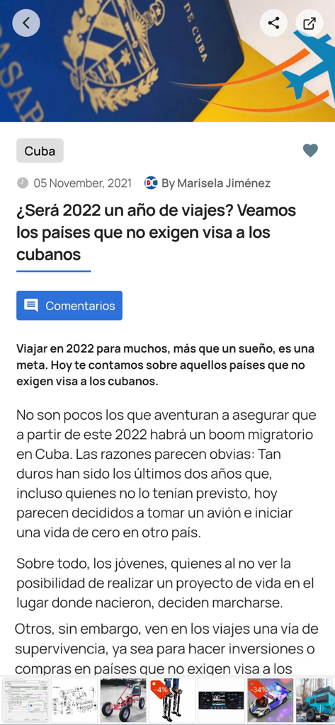 Artículo de la aplicación Directorio Cubano sobre países que no requieren visa para cubanos