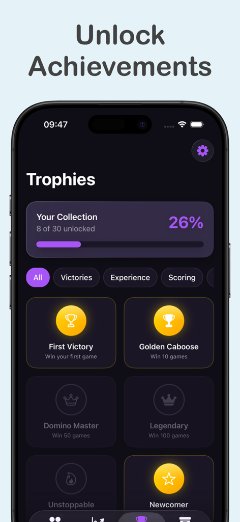 The trophies and achievements screen of the Domino Master Scoreboard app showing unlocked badges and progress.