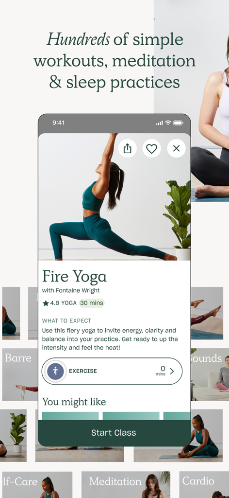 A screenshot of the Deliciously Ella Feel Better app showing a Fire Yoga class with Fontaine Wright and a variety of workout and meditation options.