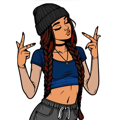 realistic teenage girl with braids and a beanie and crop top doing 🫶🏼