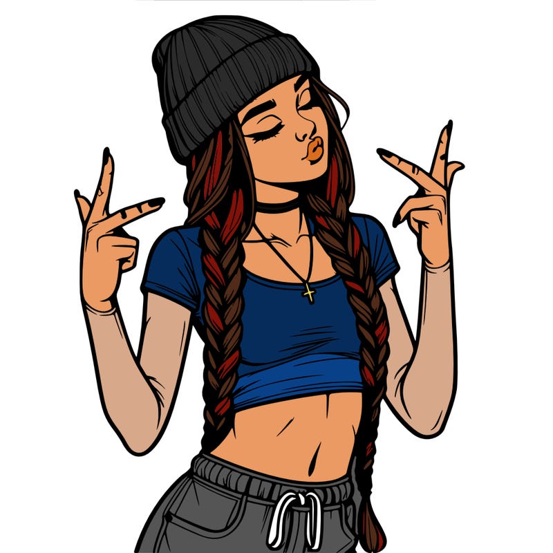 realistic teenage girl with braids and a beanie and crop top doing 🫶🏼