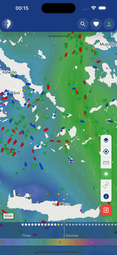 Real-time ship tracking map with weather overlays showing vessel positions in the Aegean Sea