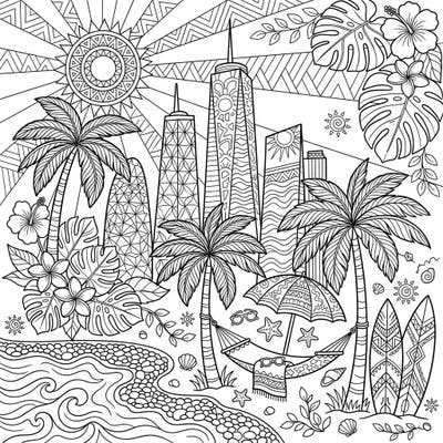 Discover a unique blend of towering tapered skyscrapers and a vibrant summer beach scene in this captivating coloring page. Perfect for adults, it offers intricate details of city architecture mixed with tropical paradise for a relaxing escape.