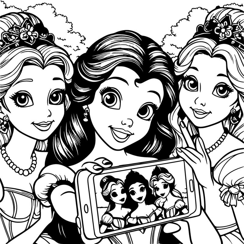 fairytale princesses who take a selfie together realistic