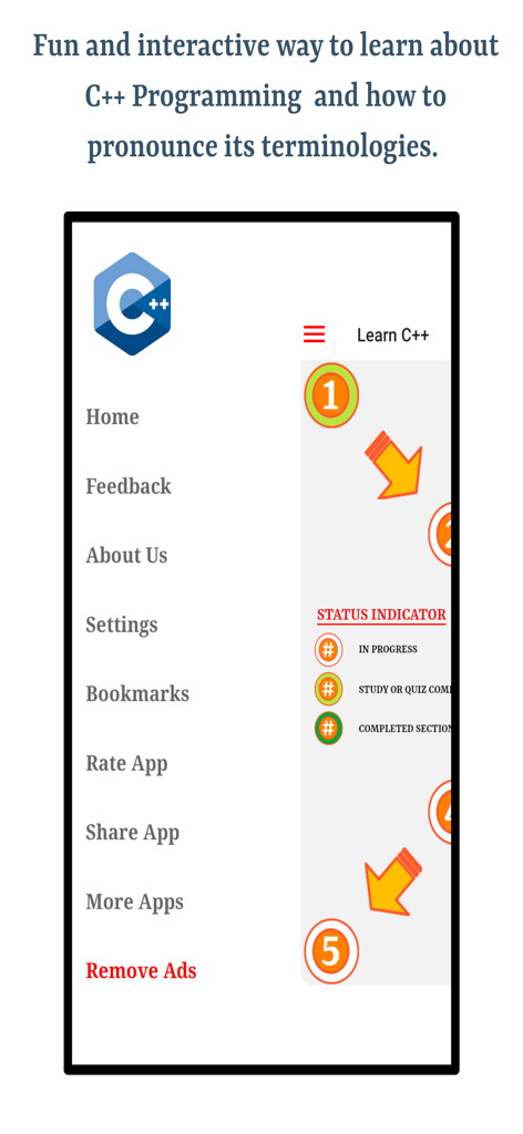 Side menu and learning progress indicators in the Learn C++ Programming Language app