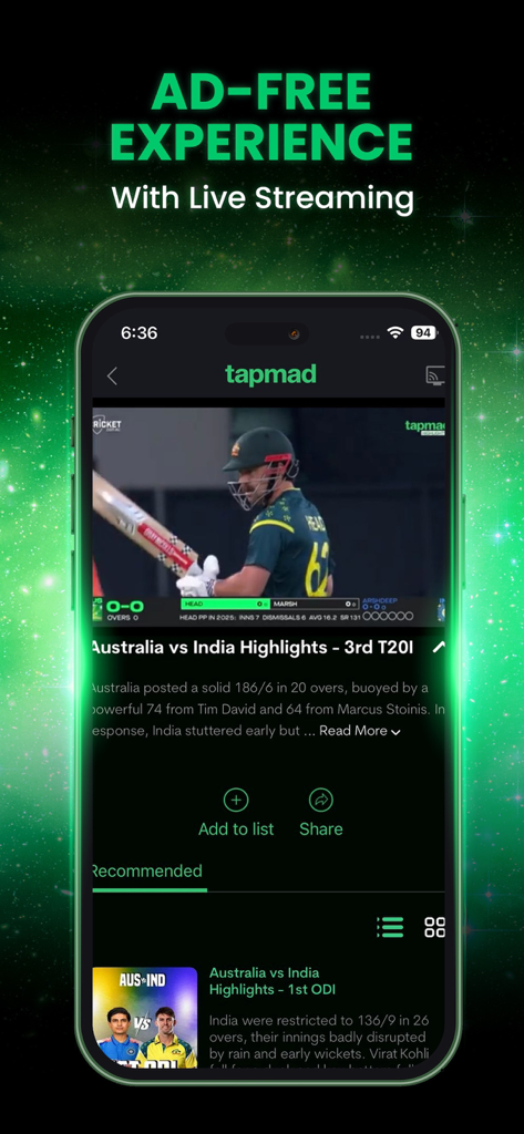 Ad-free live cricket streaming on the Tapmad mobile app interface