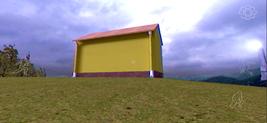 Obelisk Analog Horror Game - Vista exterior de la casa amarilla sin ventanas en Obelisk Analog Horror Game con estilo visual VHS