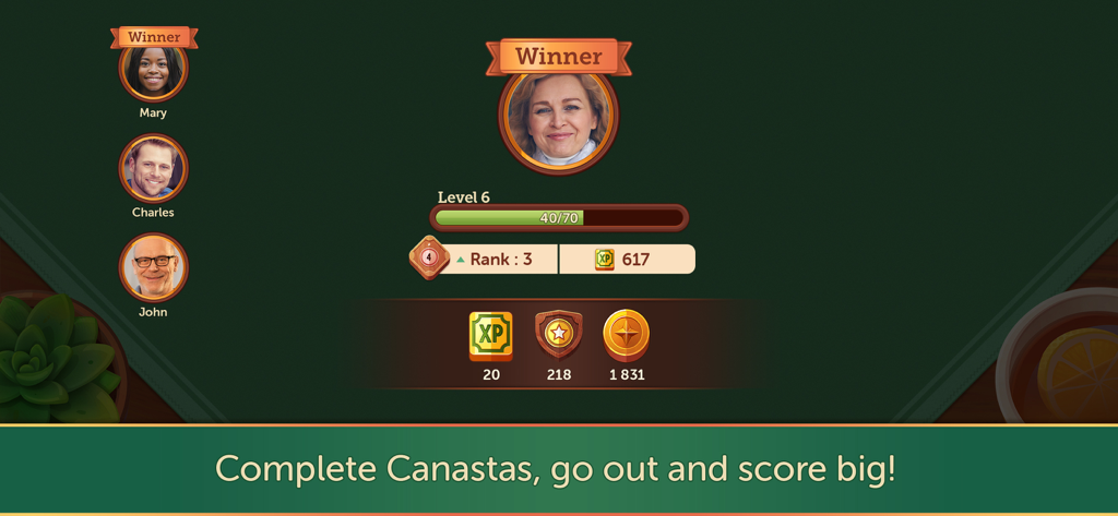 Canasta Fun & Friends - プレイヤーレベルのランクと獲得したゲーム報酬が表示されるCanasta Fun and Friendsの勝者画面