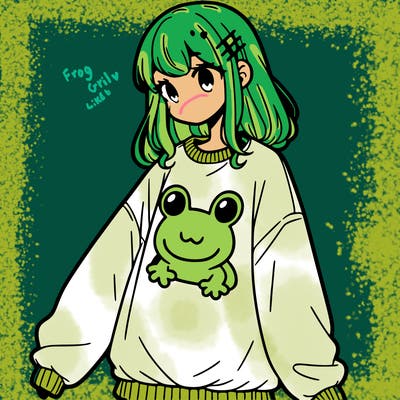 girl wearing frogging sweatshirt