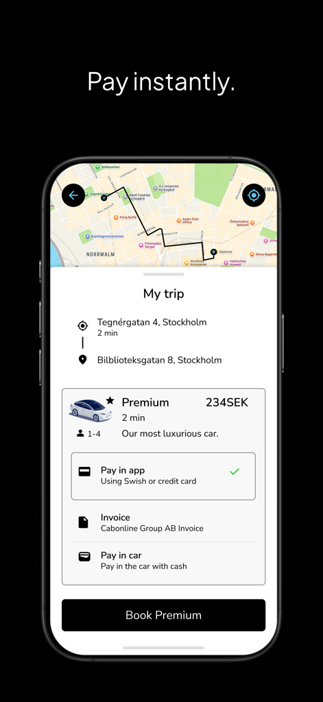 Kovanen - Kovanen app interface showing premium taxi booking in Stockholm with fixed pricing and payment options