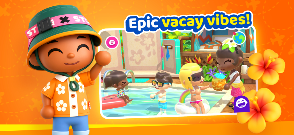 World Travel Stories - Airport - Personaggi dei cartoni animati che si godono una vacanza tropicale in piscina nell'app World Travel Stories Airport.