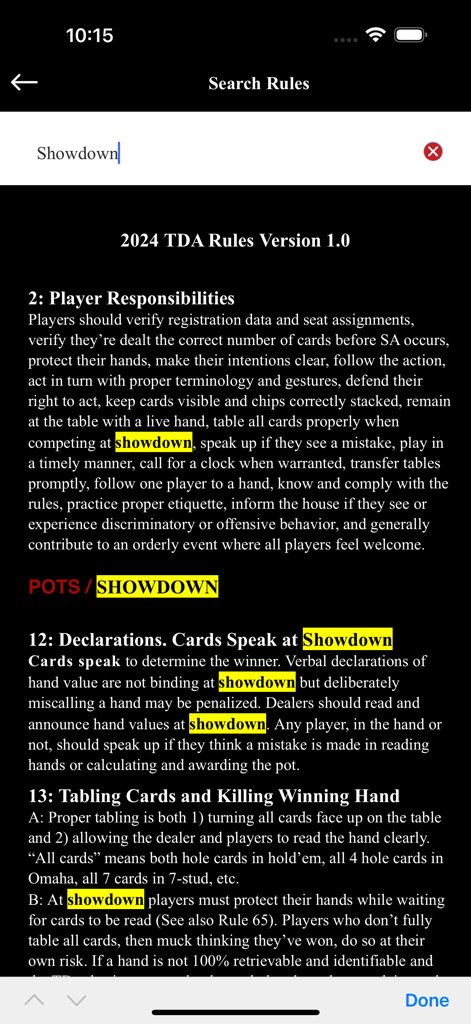 Official Poker TDA Rules - Search results for the term Showdown within the Official Poker TDA Rules app in dark mode.