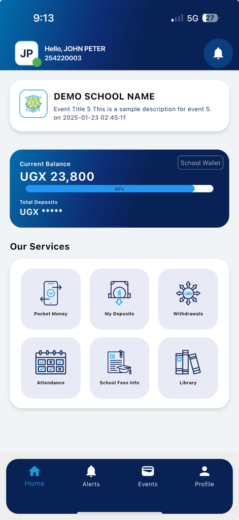 School Wallet - School Wallet mobile app dashboard showing student balance and school services icons like pocket money and attendance.