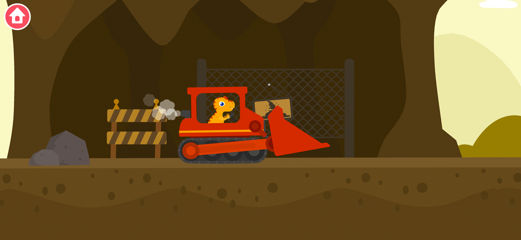 Un petit dinosaure conduisant un bulldozer rouge dans une scène de construction dans une grotte.