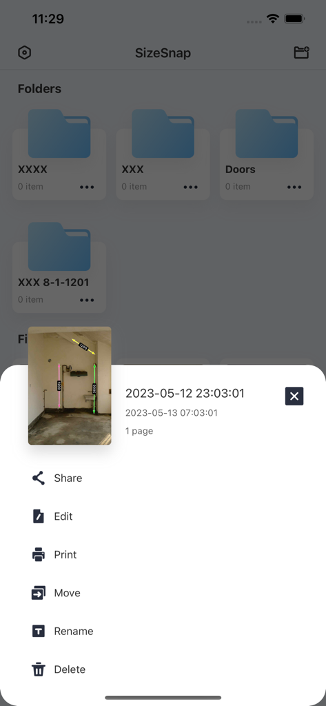 SizeSnap app interface showing folder organization and a project management menu with share and edit options.