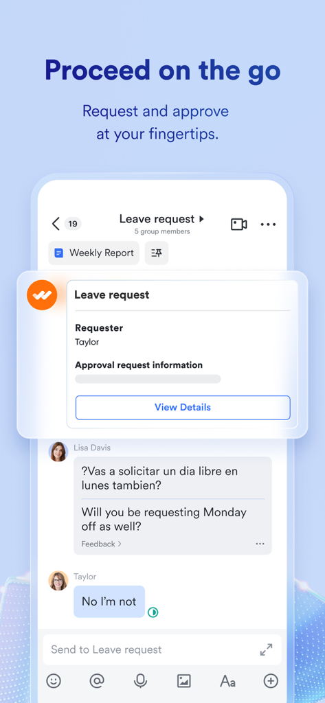 Lark mobile app interface showing a leave request workflow and real-time chat translation.