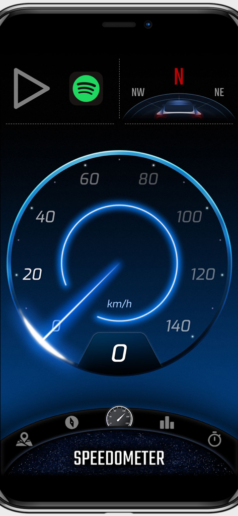 Digital Cockpit - CARID - Digital speedometer interface of the CARID app showing speed in kmh with a blue glow effect.