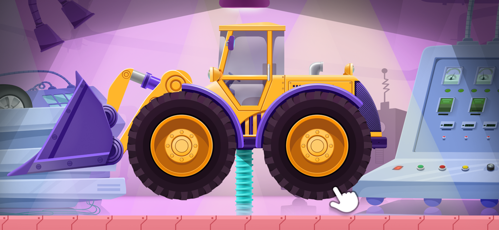 Truck Builder - Games For Kids - A yellow and purple tractor being built in a workshop for kids in the Truck Builder app