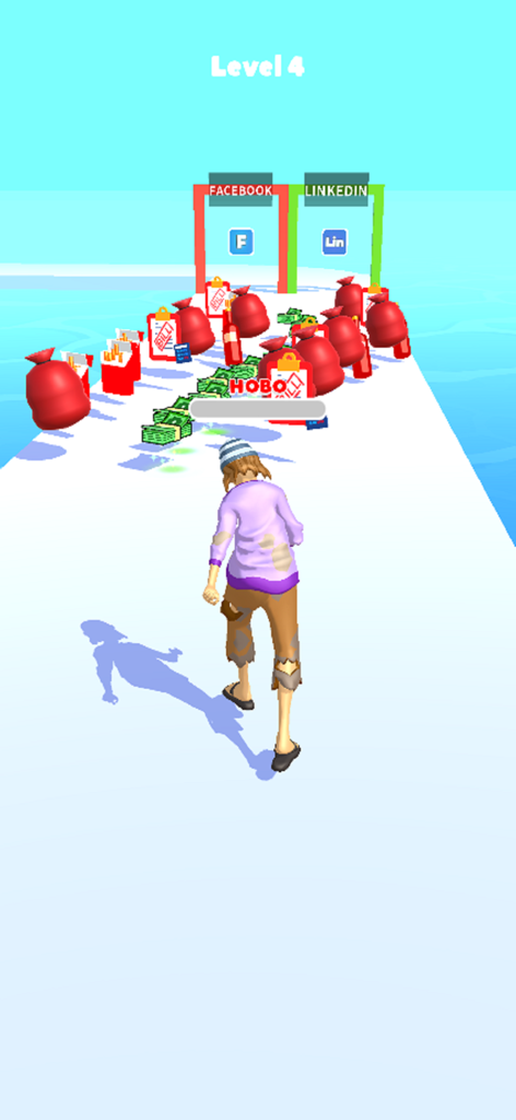 Un personaje con ropa de mendigo recoge dinero en una pista de carreras en Run Rich 3D