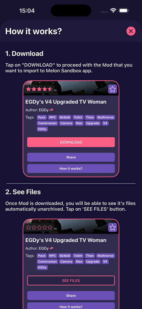 멜론 샌드박스용 Skibidi 모드를 다운로드하고 보는 방법을 설명하는 튜토리얼 화면