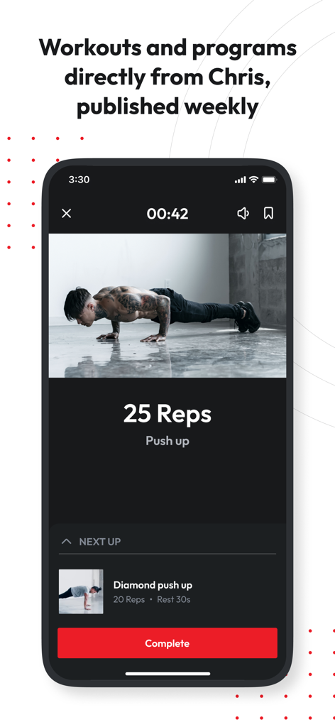 Heria Pro App-Bildschirm, der eine Videoanleitung für Liegestütze mit 25 Wiederholungen und eine Schaltfläche zum Abschließen der Übung zeigt.