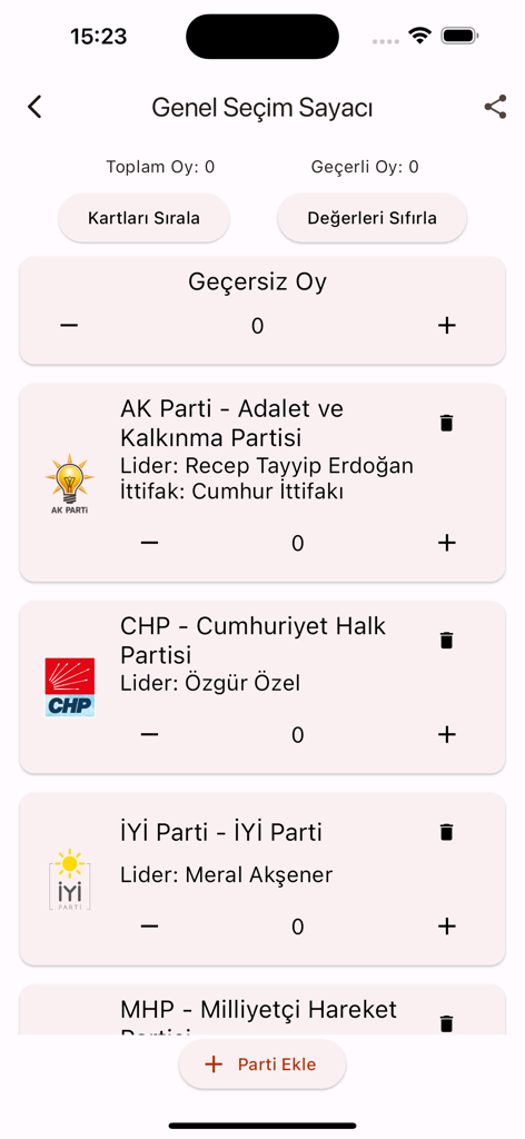 Eine mobile App-Oberfläche zur Verfolgung von Wahlstimmen mit Zählern für verschiedene türkische politische Parteien