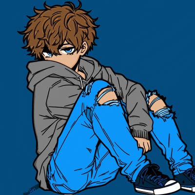a male hoddie ripped jeans messy hair anime