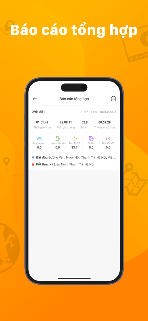 Smartphone screen displaying the iTrack Pro comprehensive vehicle report with driving time, distance, and location data.