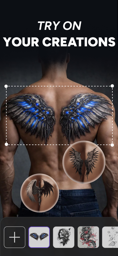 男性の背中にメカニカルウィングタトゥーの仮想ARプレビュー