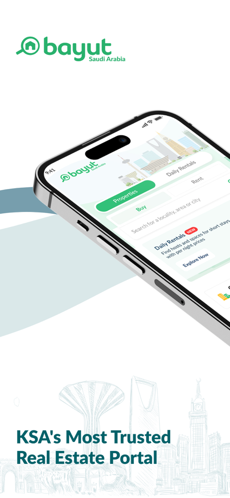 Bayut KSA - Real Estate - Bayut KSA real estate app interface on a smartphone featuring the slogan KSAs Most Trusted Real Estate Portal