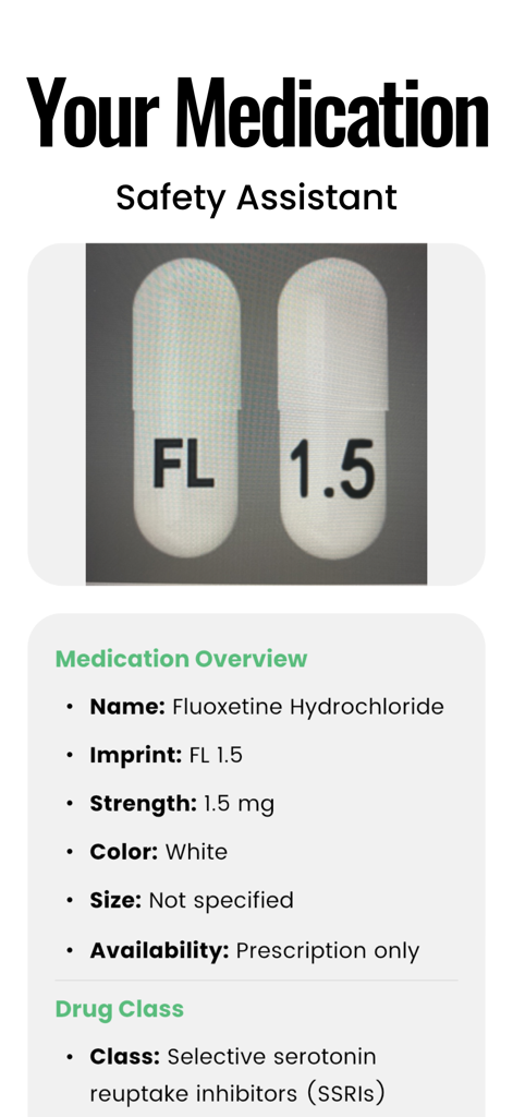 Tela do assistente de segurança de medicamentos identificando Cloridrato de Fluoxetina com imagem de cápsula branca e detalhes do medicamento