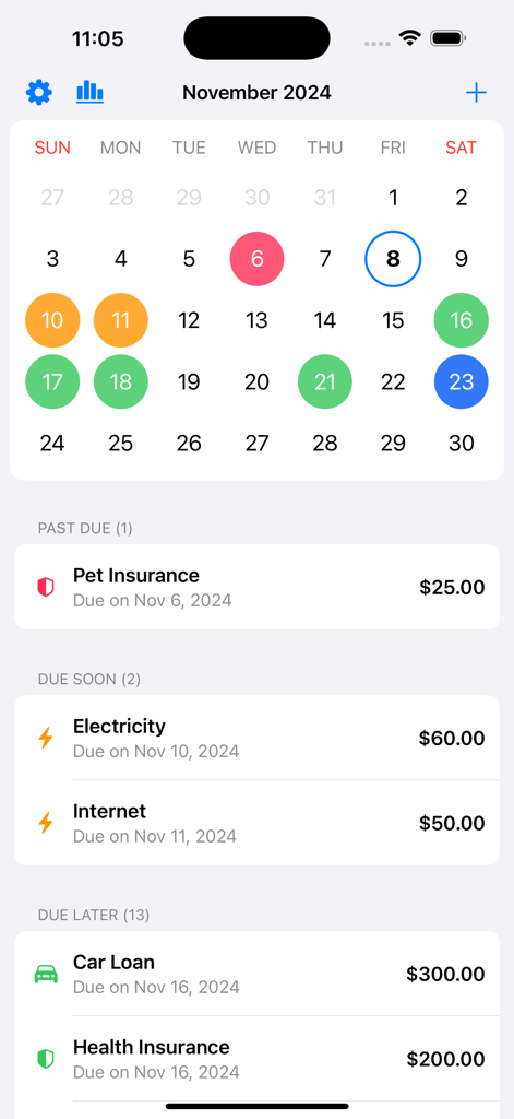 Bill Organizer + Reminders - A clean calendar dashboard in the Bill Organizer app showing monthly payment status for insurance and utilities