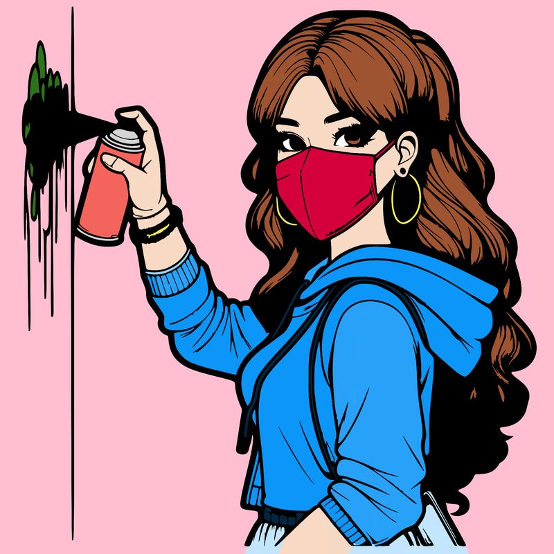 realistic girl with mask spray painting a wall