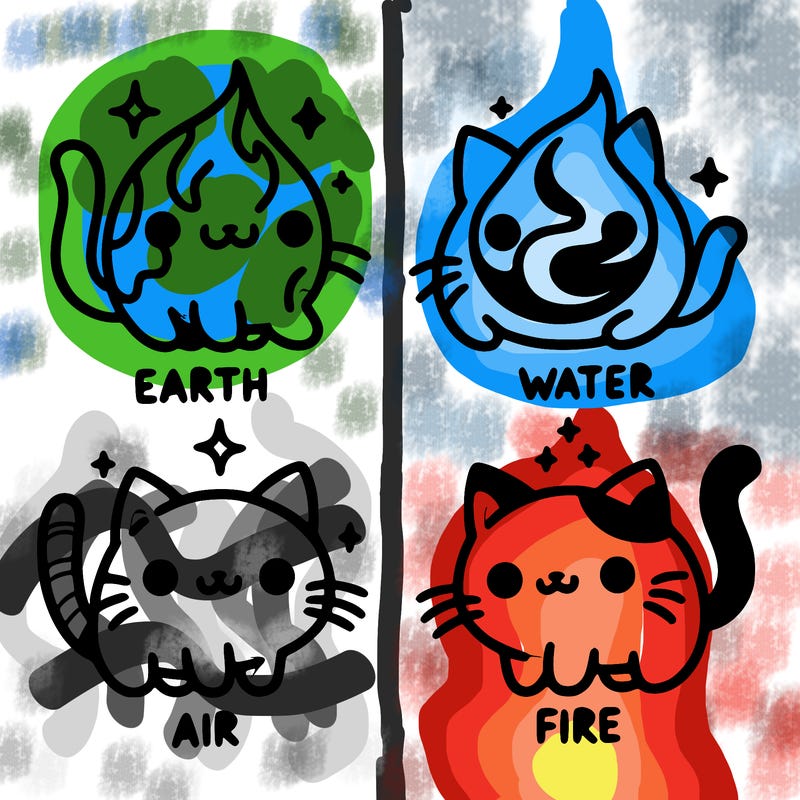 4 cats that represent the different elements, earth, water, air, and fire