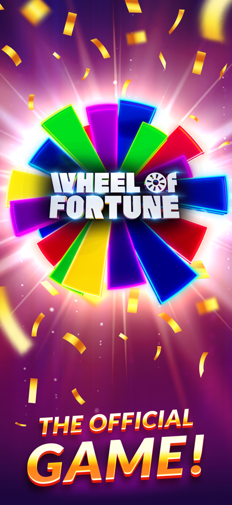 Wheel of Fortune: Show Puzzles - Pantalla de título del juego oficial móvil de Wheel of Fortune con una rueda colorida y confeti dorado cayendo.