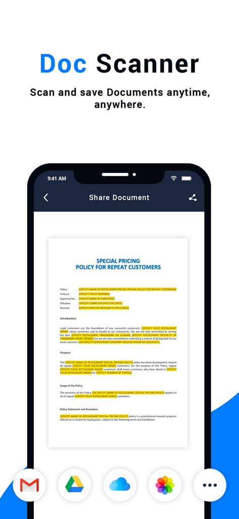 Doc Scanner- PDF Document Scan - Interfaz de la aplicación Doc Scanner mostrando un documento escaneado listo para ser compartido a través de Gmail, Google Drive e iCloud.