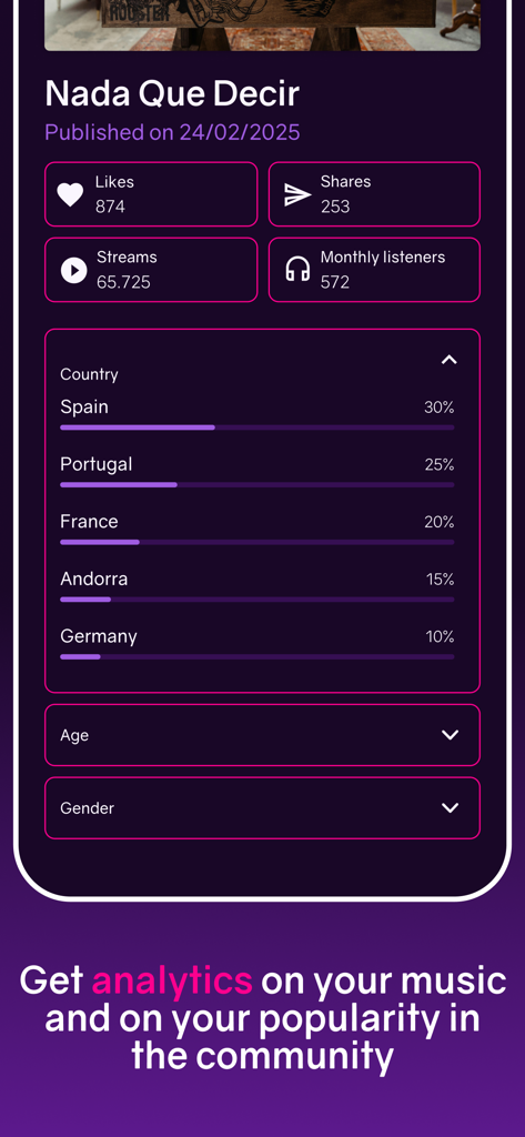 HiBeats - HiBeats app analytics dashboard showing song streams and listener demographics.