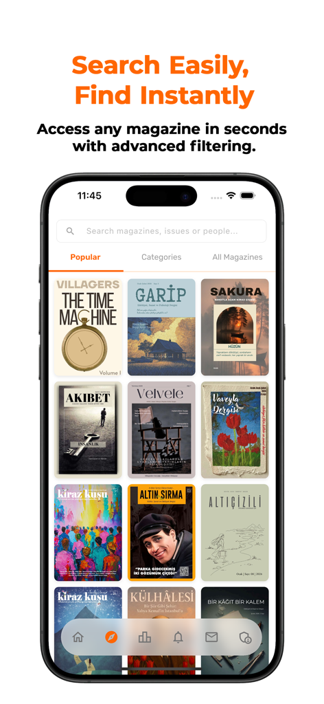 MagPublish - MagPublish app interface displaying a searchable gallery of digital magazine covers with advanced filtering.